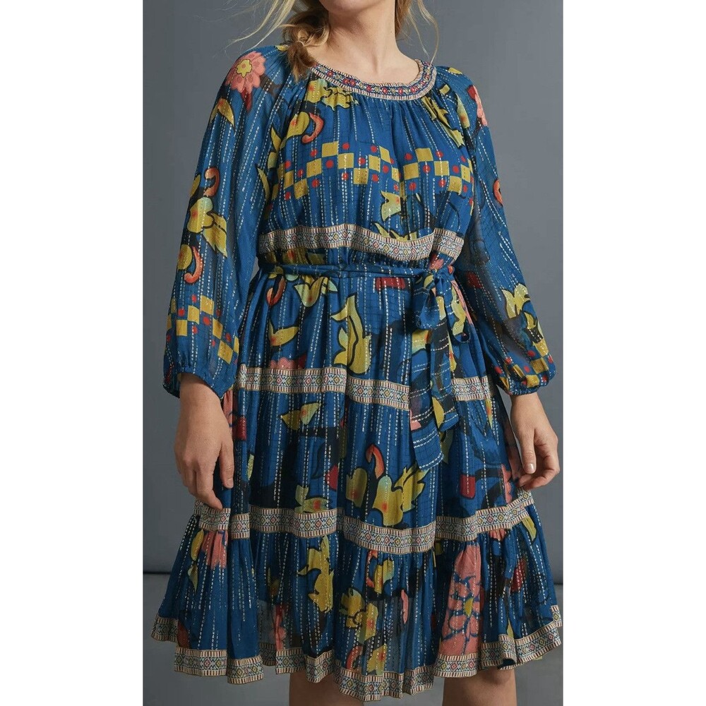 Anthropologie Verb by Pallavi Singhee Eulalia Shimmer Belted Blue Dress Mini 4
